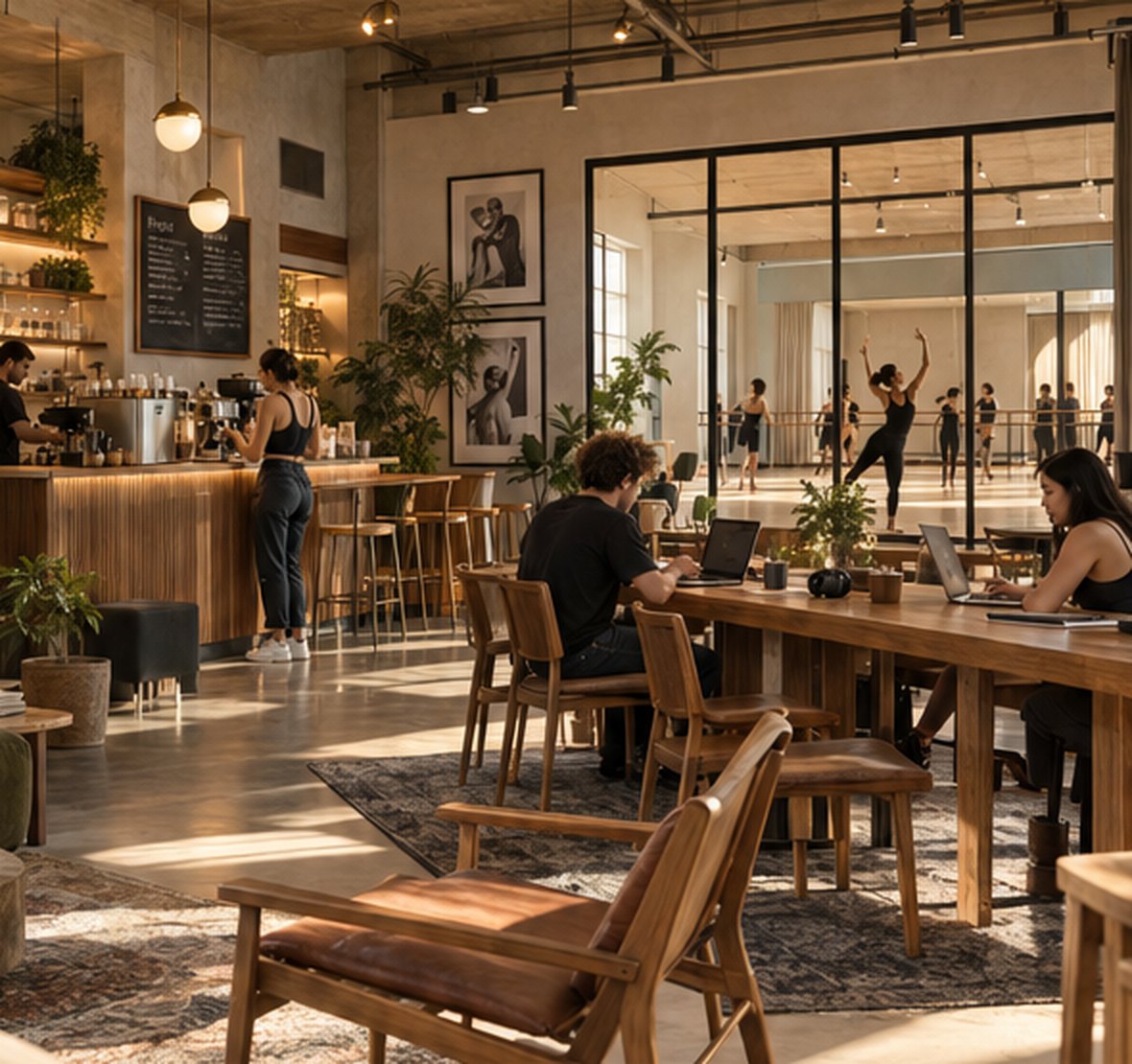 Concept rendering of a café and lounge opening onto a mirrored dance studio