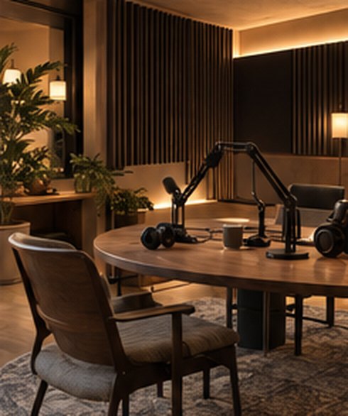 Concept rendering of a podcast room with a round table and microphones