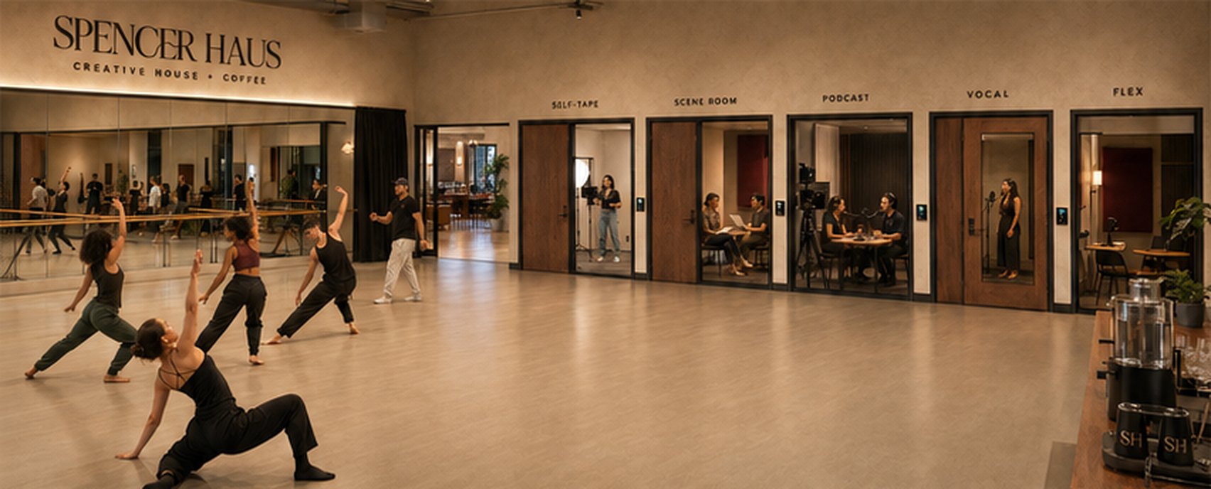 Concept rendering of the dance floor beside a row of small studios labeled self-tape, scene room, podcast, vocal and flex